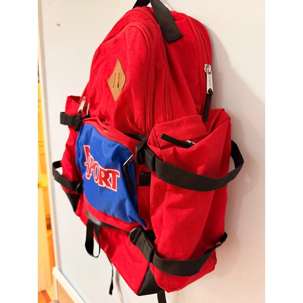 JanSport Red Blue Multi Pocket Backpack Adjustable Straps Travel School Bag